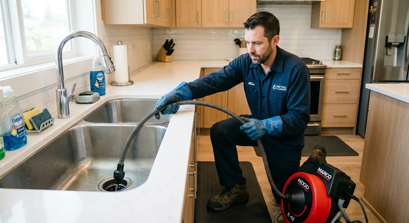 Drain cleaning technician using a motorized snake on a kitchen sink in Mount Sterling