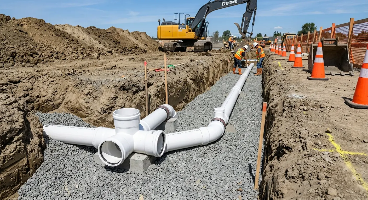 New PVC sewer pipe installation in open trench for Commercial Drain Cleaning in Mount Sterling